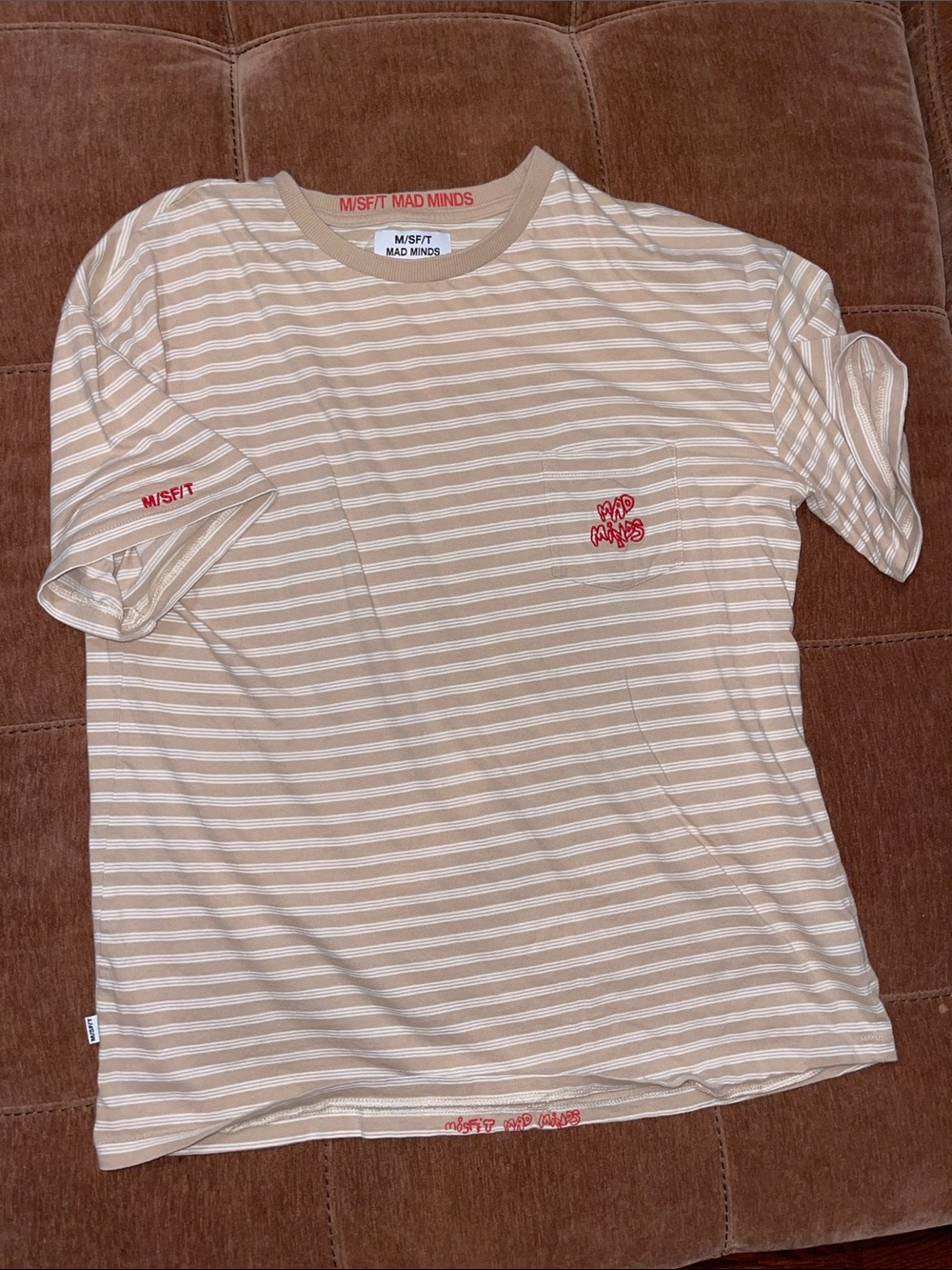 Beige & White Striped Short-Sleeve Pocket Tee